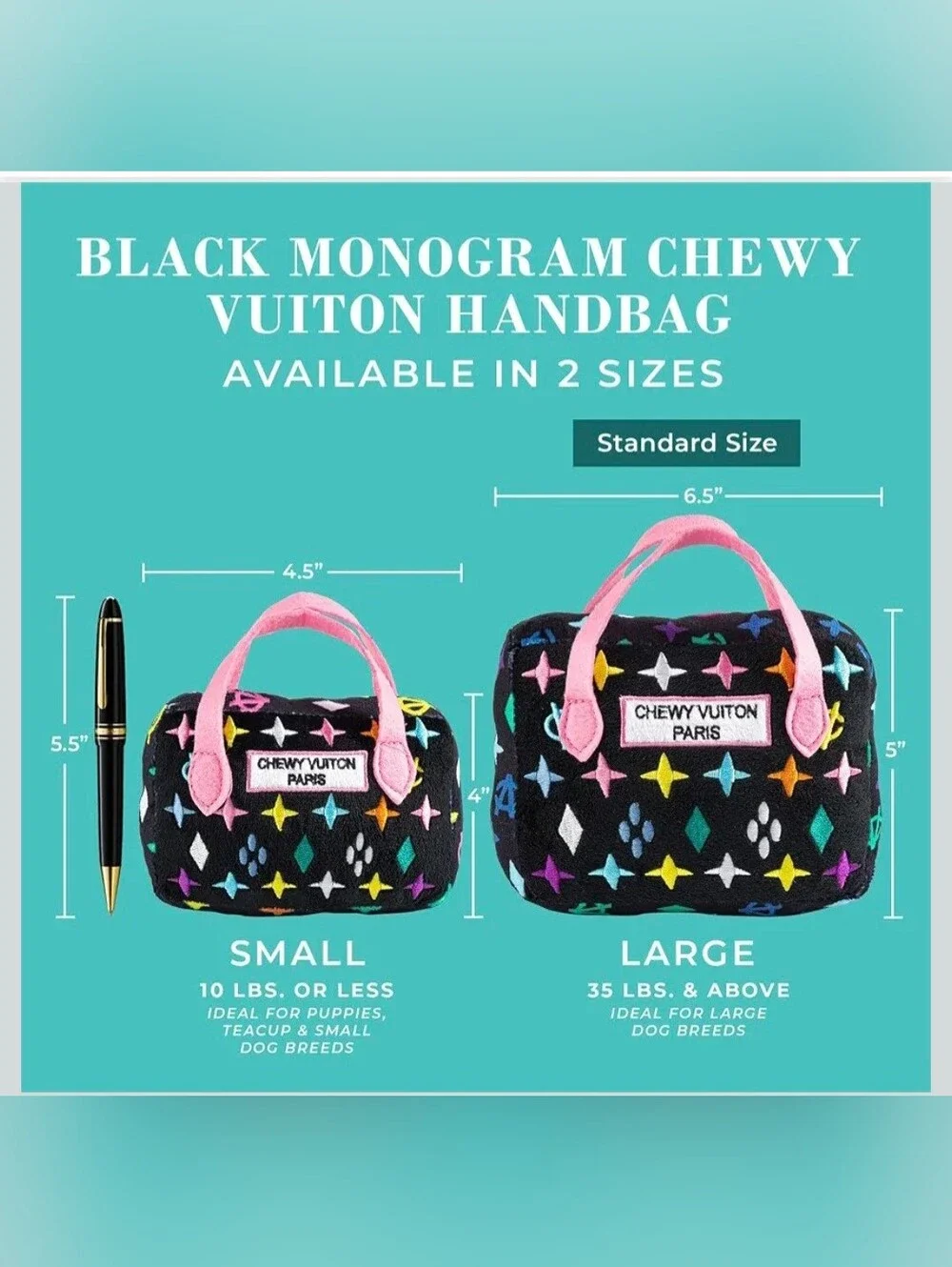 Haute Diggity Dog Chewy Vuiton Plush Handbag Purse Dog Toy Black Multicolor NWOT